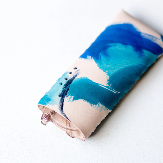 Slimline Leather Glasses Case, Blue Leather Sunglasses Pouch, Hand Painted Protector
