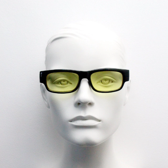 90S Vintage Rectangular Sunglasses. Black Wide Lo Profile Wayfarer Design Frame With Bright Yellow Lenses. Mens Psychedelic Nos