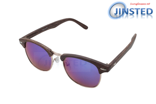 Adult Brown Wood Effect Frame Clubmaster Sunglasses Blue Mirrored Lens Uv400 Protection Ar017