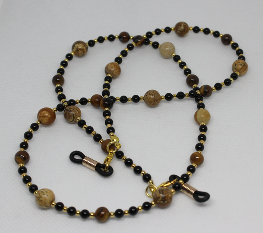 Eyeglass Chain, Gemstone Beads Spectacles Holder, Luxury Beaded Glasses Black Onyx, Tiger's Eye & Picture Jasper Sunglasses Holder