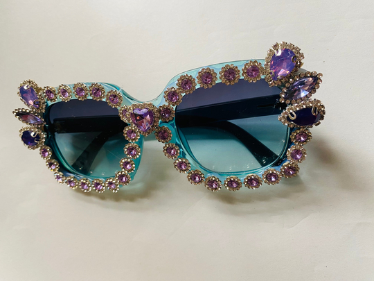 Blue & Lilac Rhinestone Embellished, Sunglasses With Diamanté. Eco Friendly Hand Made