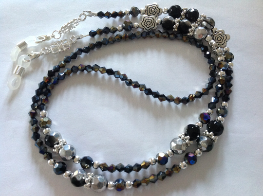 Black Crystal Glass Beaded Eyeglass Holder Chain Glasses Work Lanyard Security Pass Face Mask
