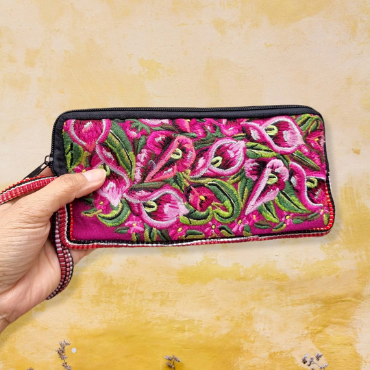 Embroidered Eyeglasses Case Or Phone Holder, Floral Wristlet Purse, Ethnic, Clutch, Fuchsia Colour Boho Hippie Purse