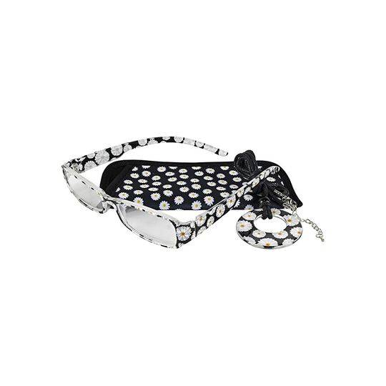 (Black, +2.00 Magnification) Elizabeth Rose Women's Reading Glasses with Laces, Daisy Floral Print, Matching Pouch, Lightweight Comfortable Eyeglasses