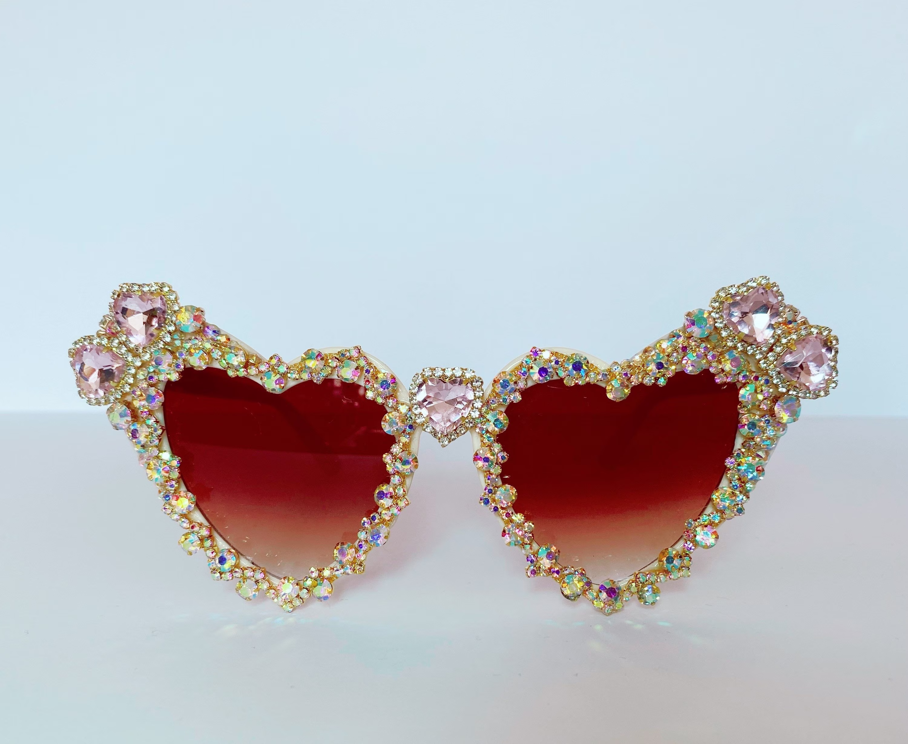 Festival Party Heart Shaped Sunglasses. Embellished Bling Sunnies Eyewear. Pale Pink & Ab Rhinestone, Gold Diamante. Burning Man Ibiza Retro