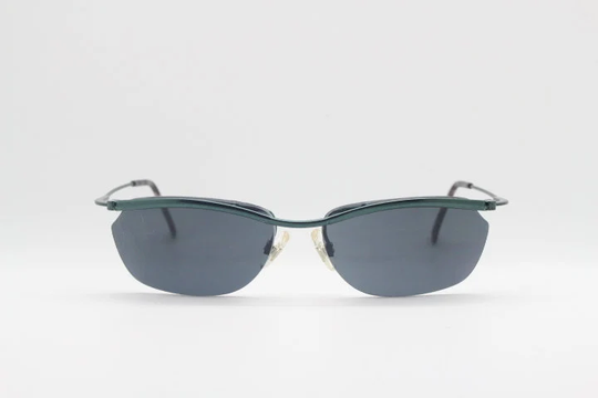 90S Vintage Half Frame Cat Eye Sunglasses. Blue Satin Metal Browline With Frameless Suspended Angular Cateye Lenses. Unused Nos
