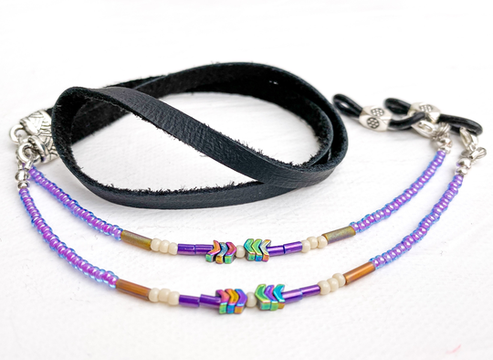 Purple Beaded Western Style Eyeglass Chain. Beaded Eye Glasses Chain With Leather. Eyeglasses Cord For Readers Reading Sunglasses