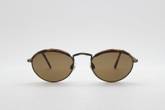 90S Vintage Oval Sunglasses. Bronze Matt Satin Metal Frame With Brown Lenses & Matching Tortoise Brow Ear Bends. Nos