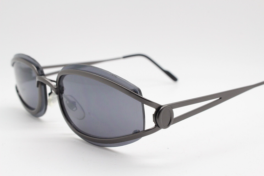 90's Vintage Abstract Sunglasses. Grey Floating Lenses On An Elliptical Satin Gunmetal Frame. Unused Nos