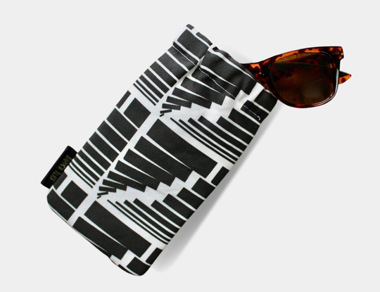 Abstract Geometric Sunglasses Case. Op Art Glasses Pouch. Unique, Retro Pop Fabric. Black & White Style. Padded Flexi Frame