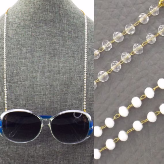 Dainty Beaded Rosary Eyeglass Chain Women | Necklace For Glasses Sunglasses Holder Face Mask Lanyard Gold Clear White Beads