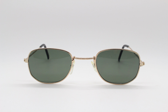 90S Vintage Refined Aviator Sunglasses. 60's Style Psychedelic Mod Sized Gold Metal Frame With Dark Green Lenses. Unused Nos