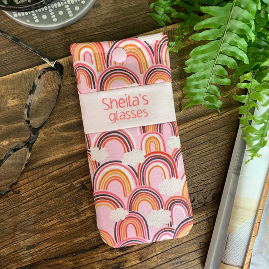 Personalised Rainbow Glasses Case Handmade Fabric Snap Pouch With Glitter Lettering Free UK Delivery