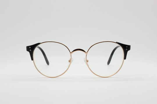 90S Vintage Modified Cat Eye Glasses. Black Arms With A Round Gold Face. 40S, 50S Style Clear Lens Eyeglasses. Cateye