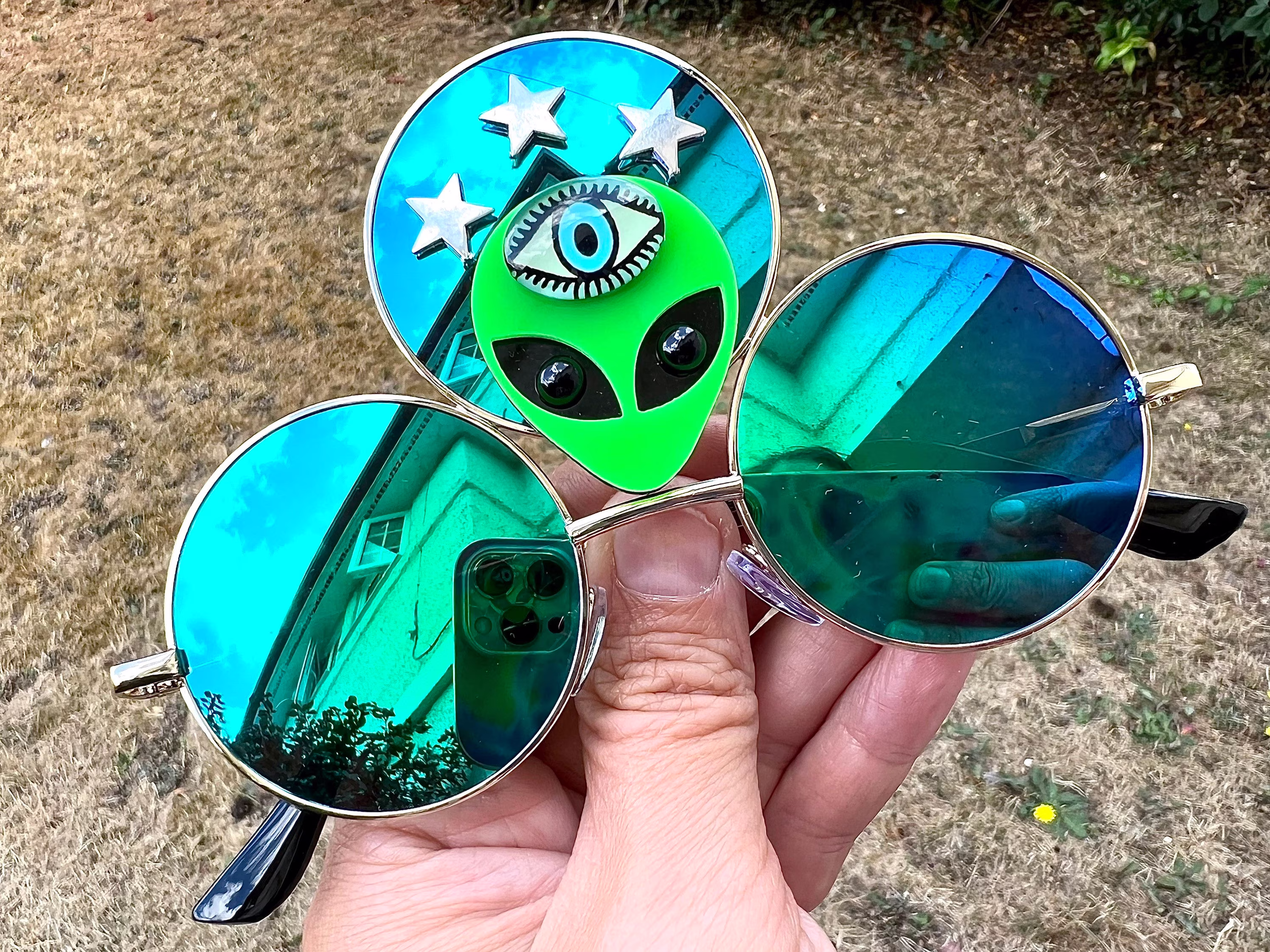 Festival Rave Alien Third Eye Round Funky Clothing Blue Green Sunglasses Unisex