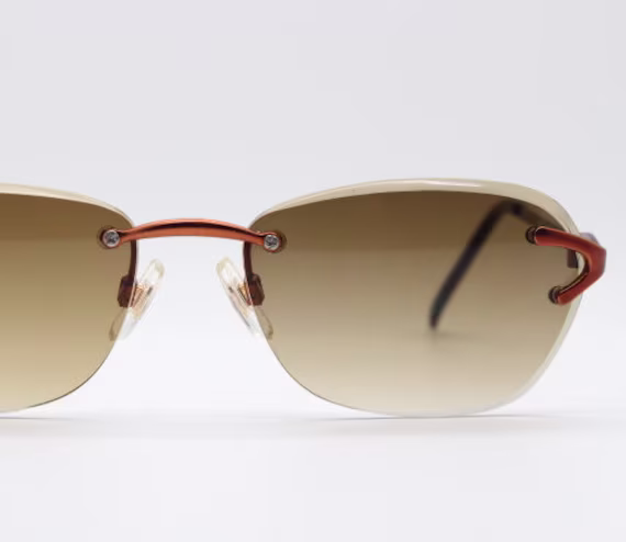 90S Vintage Frameless Sunglasses. Brown Bevelled Lenses With Metallic Copper Coloured Arms. Bnwt. Y2K. 2000's. Unused Nos