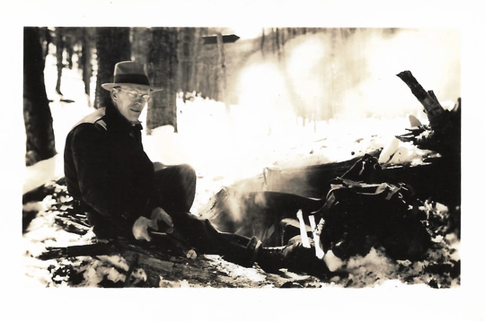 Campfire Vintage Photo Man Wearing Fedora & Eyeglasses Abstract Snapshot Smoke Trees Forest