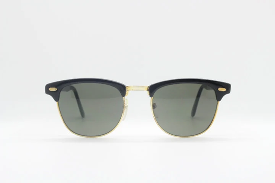80's Vintage Clubmaster Style Sunglasses. Half Frame Browline 50's Classic in Black With Green Lenses. Nos. Bnwt