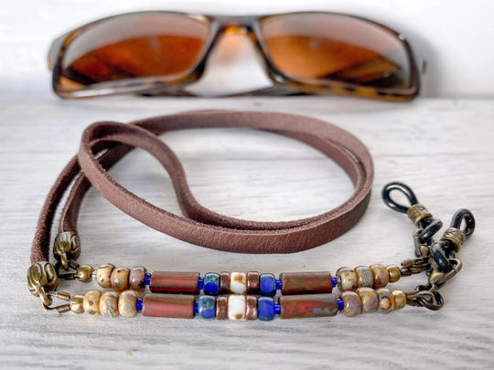 Rugged Western Style Eyeglass Chain. Brown Blue White Beads With Supple Leather. Beaded Leather Sunglasses Holder Cord