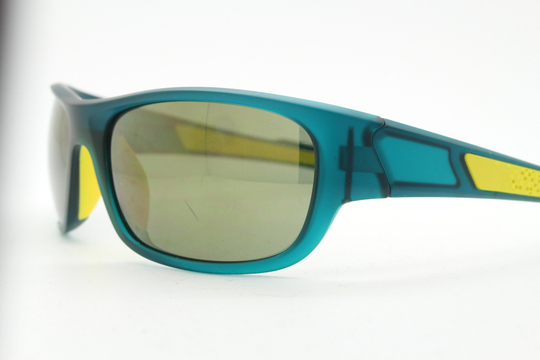 Y2K Vintage Visor Sports Shield Sunglasses. Green & Yellow Matt Wrap Around With Bronze Mirror Lenses. 90S Mini Mask. 2000's Nos