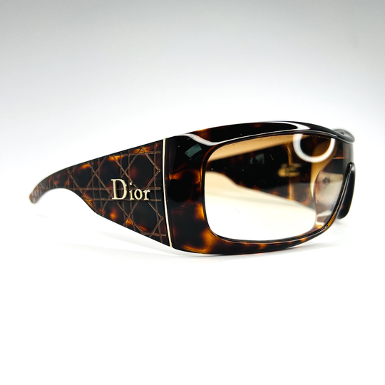Christian Dior Sunglasses Oversized Shield Logo Brown Tortoise Shell Gold Monogram Tinted Dior Cannage 2 Visor Wrap Chunky Vintage Authentic