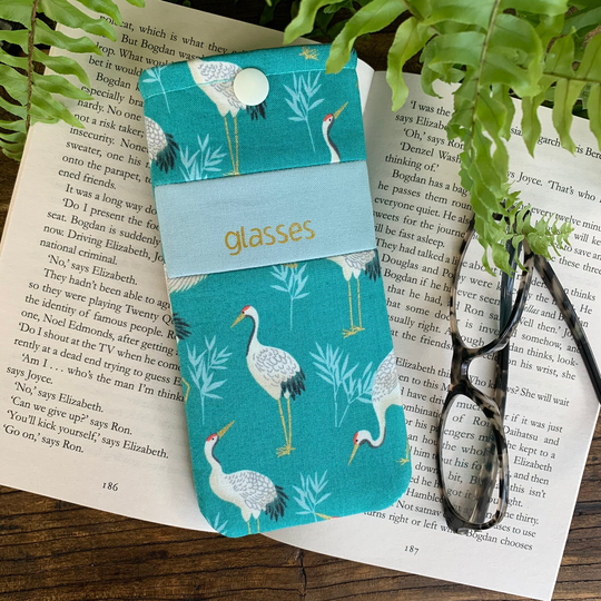 Personalised Bird Fabric Glasses Case Handmade Print Gold Lettering Snap Pouch With Free UK Delivery