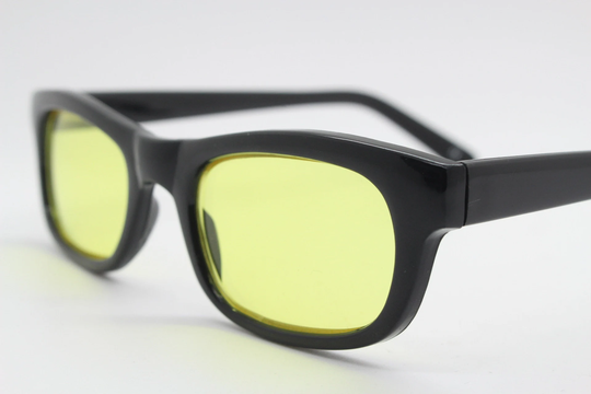 80S Vintage Rectangular Sunglasses. Low Profile Slim Black Frame With Psychedelic Mod Light Tone Canary Yellow Lenses. Bnwt. Nos