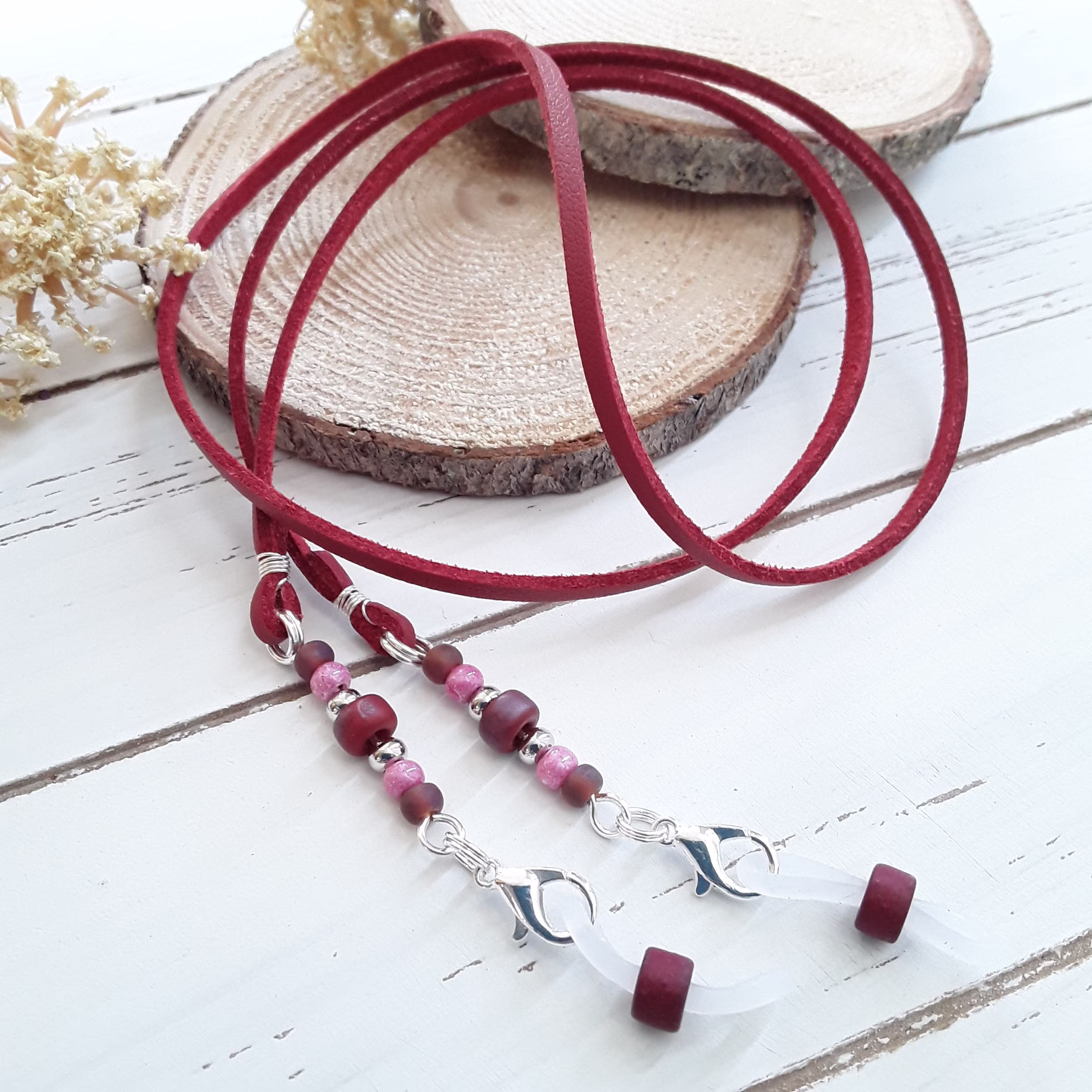 Red Vegan Cord Eyeglass Holder, Beaded Chain, Handmade Strap For Reading Glasses, Gift Her