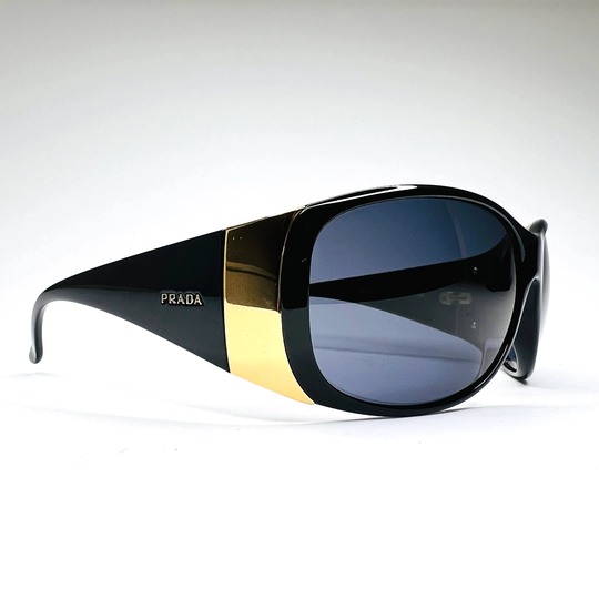 Prada Sunglasses Oversized Shield Chunky Black Gold Logo Monogram Spr07G Vintage Y2K 90S Authentic