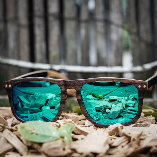 Paul Ven Wood Flat Top Sunglasses. Blue Mirrored Sunglasses, Ebony Wooden Personalised Polarised Sunglasses