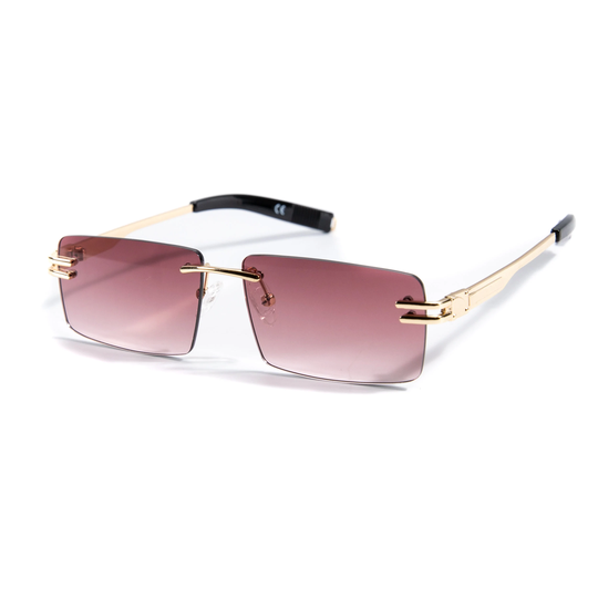 Burgundy Tint Mens Rimless Rectangle Vintage Gold Frame Hip Hop Retro Sunglasses