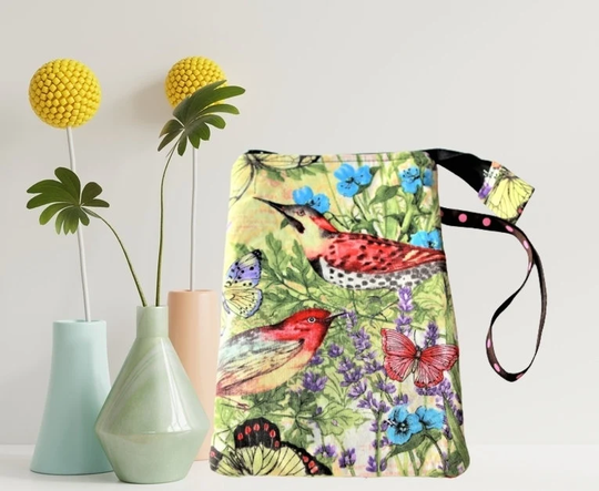 Small Zipper Pouch, Wristlet Pouch With Strap, Cell Phone Pouch, Wallet in Cotton Fabric, Jewelry Travel Pouch, 4" By 6