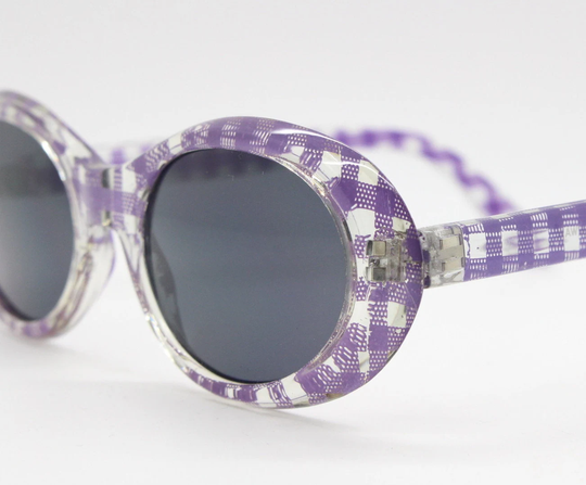 Kid's Vintage Oval Cat Eye Sunglasses. See Through Cateye Frame With Purple Check. Childrens Gingham Cateyes Full Uv Protection