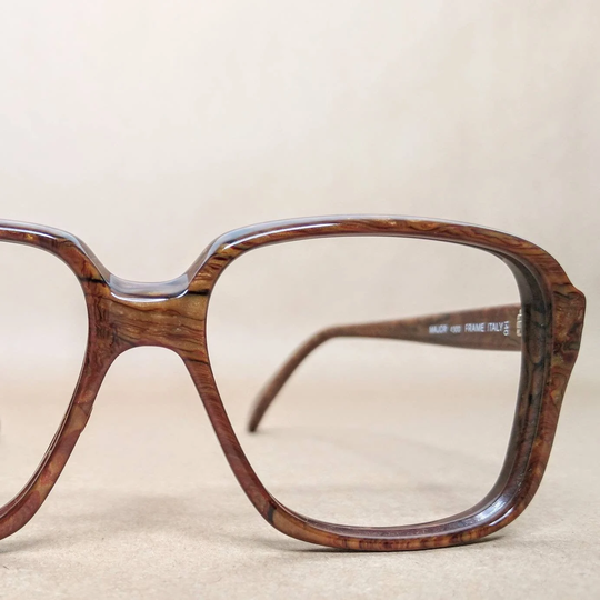 Vintage Exotique Burled Woodgrain Blockhead Eyeglasses Frame Italy 80S Nos