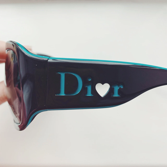 Vintage Dior Black & Blue Tinted Sunglasses With Spell Out Logo On Arms Cut Heart Detail