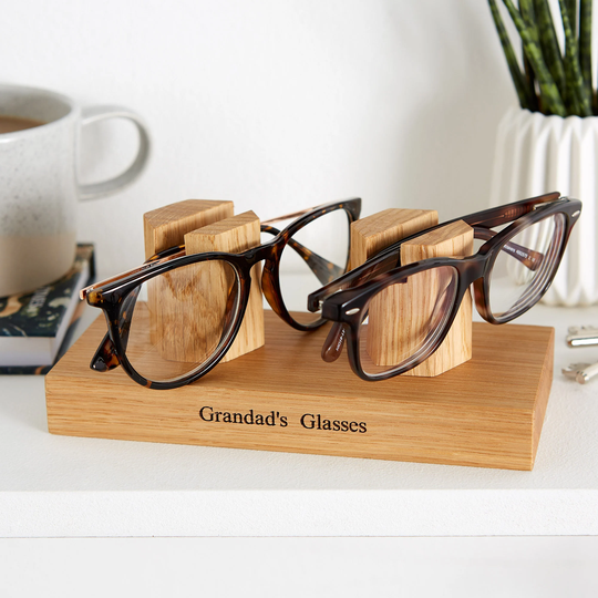 Solid Oak Double Personalised Glasses Stand/Personalized Eye Holder Gifts For Mum Gift Grandparent Grandad
