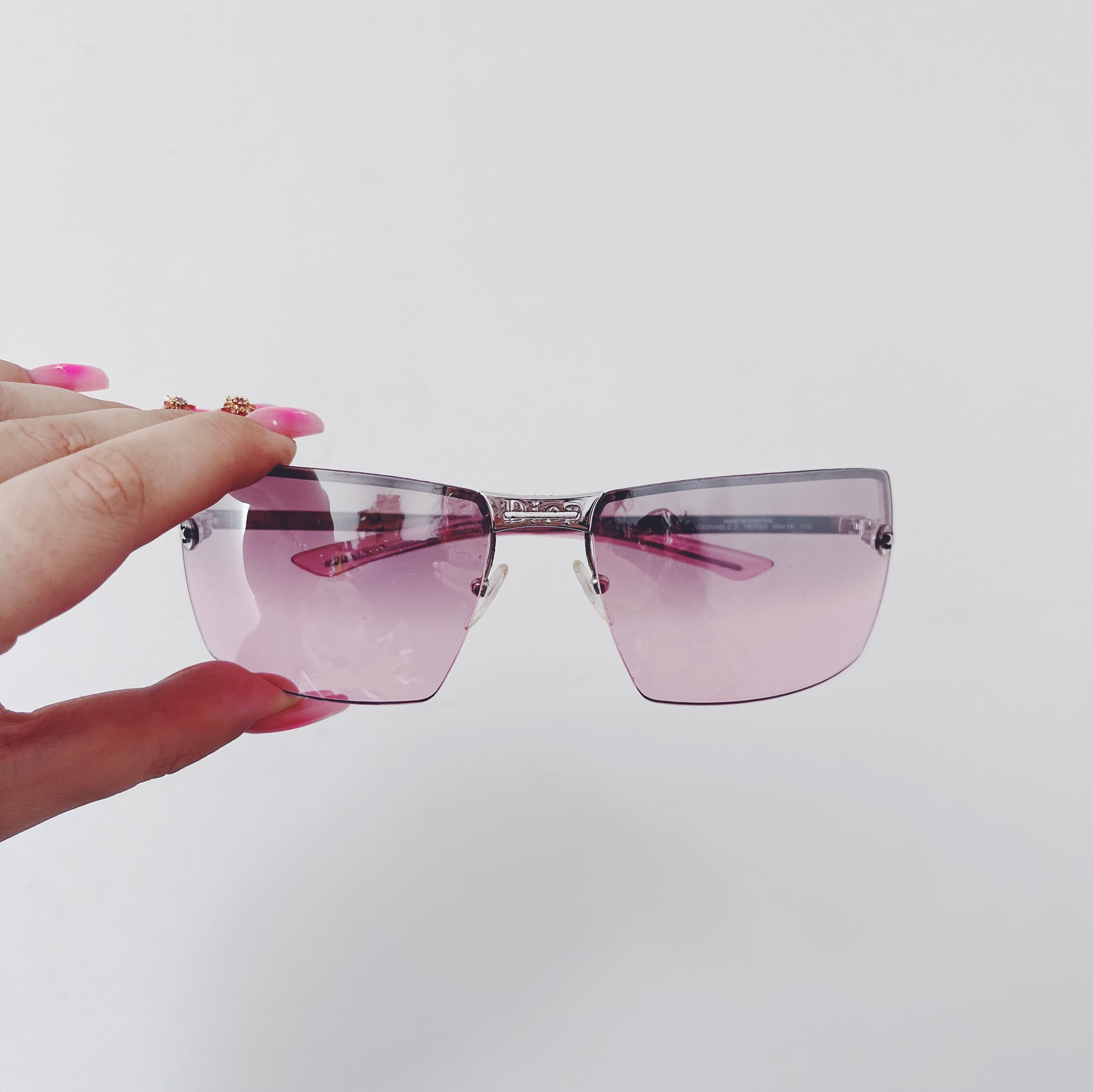Vintage Dior Silver Rimless Sunglasses With Pink Purple Tinted Lenses 90S 00S Y2K