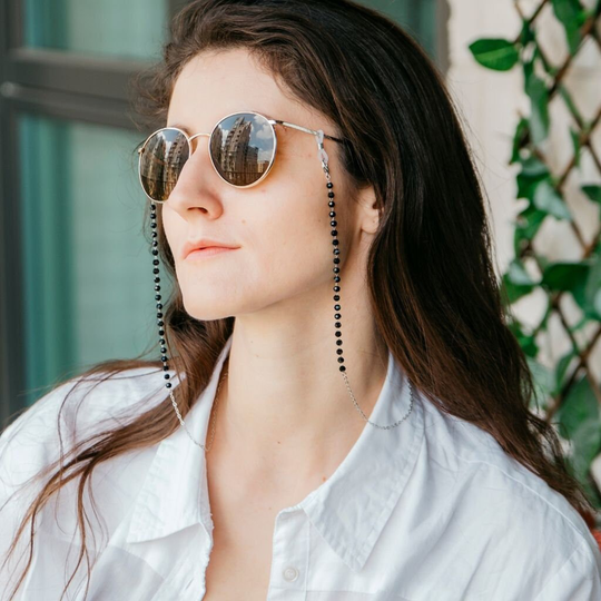 Black Bead Crystal Mask & Sunglass Chain Holder, Summer Reading Eyeglass Lanyard, Beaded Glasses Detachable Strap Lanyard