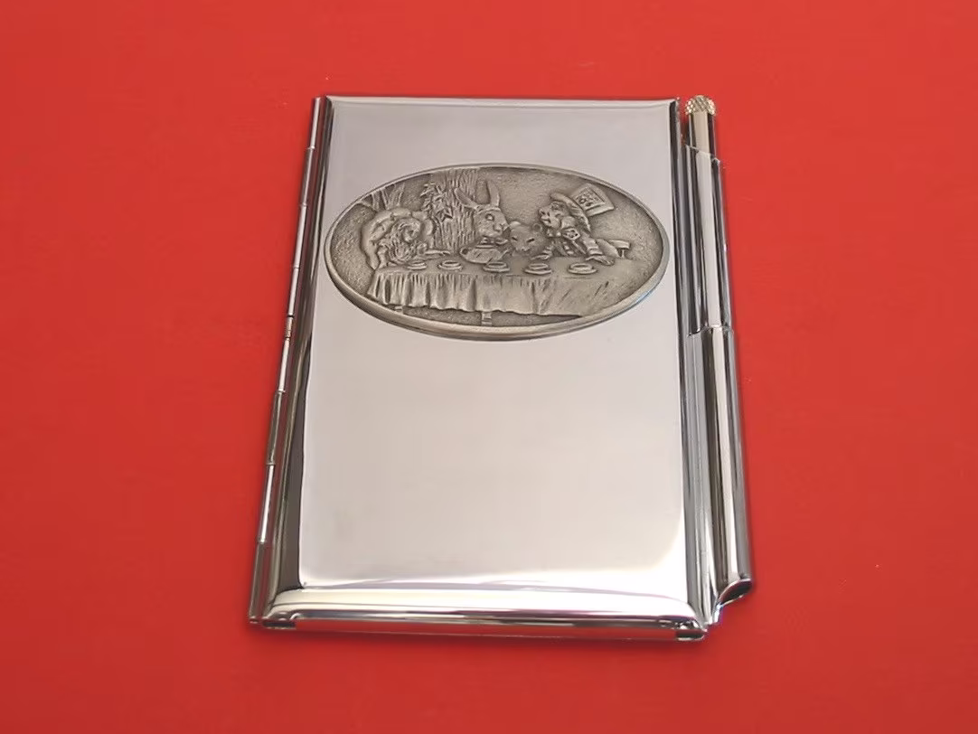 Mad Hatter's Tea Party Motif Chrome Notebook & Pen Card Holder Alice in Wonderland Gift