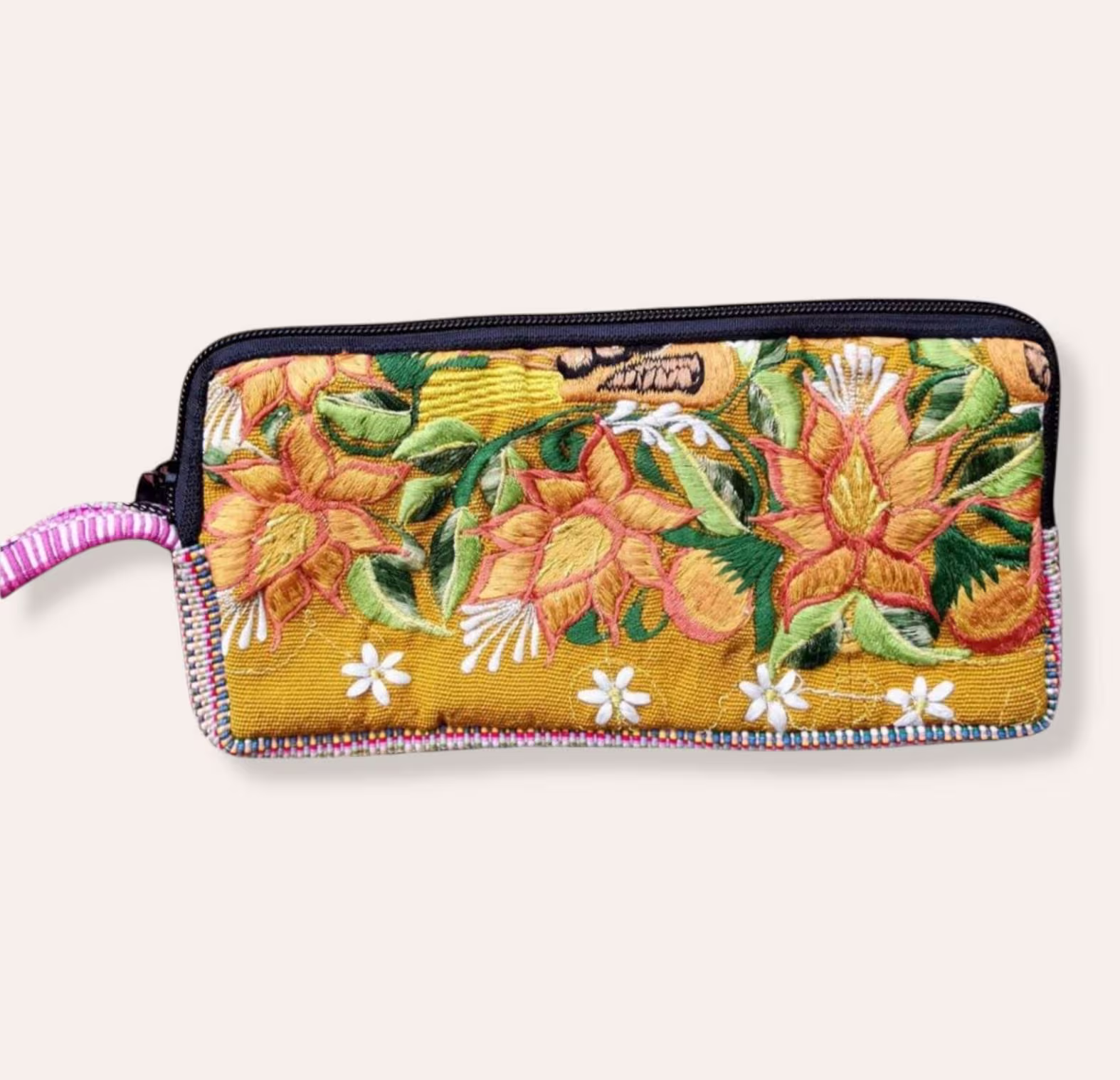 Embroidered Eyeglasses Case Or Phone Holder, Floral Wristlet Purse, Ethnic, Clutch, Mustard Colour Boho Bag, Hippie Purse