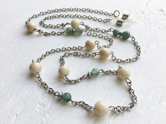 Eyeglasses Chain, Jaspe Natural Stone, Green Jade, Filigree Bead, Stainless Steel ... Cl500