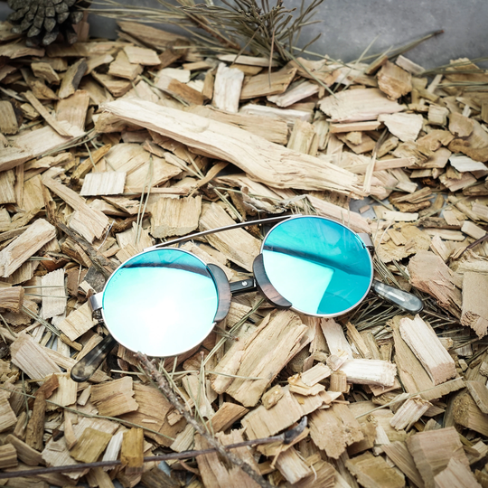 Round Wood & Steel Sunglasses, Small Round Ice Blue Mirrored Lenses, Ebony Wood, Polarised