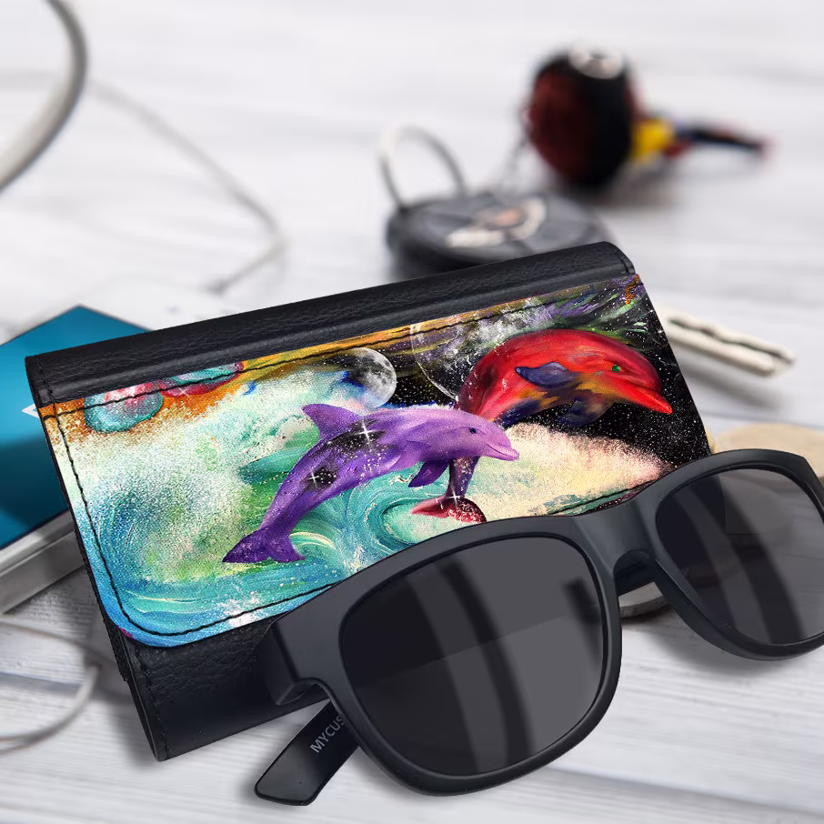 Glasses Case, Dolphin Lovers Gift, Eyeglasses Vegan Leather Case For Him Or Her, Sunglasses Spectacles For Men & Women