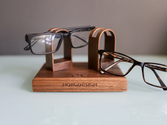 Double Glasses Stand, Holds 2 Pairs, Walnut Personalised Couples Wooden Gift - Available in Oak
