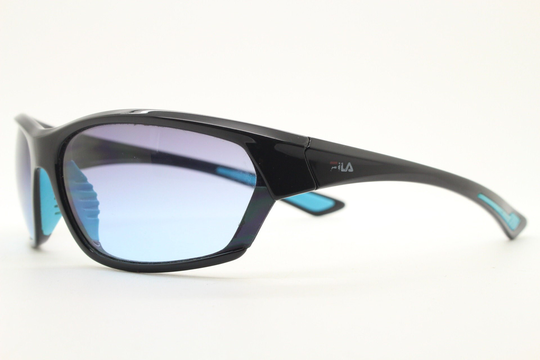 Fila Vintage Y2K Sport Sunglasses. Black Wrap Around Shield Frame Turquoise Blue Trim & Pink To Fade Ombre Lenses. 2000S
