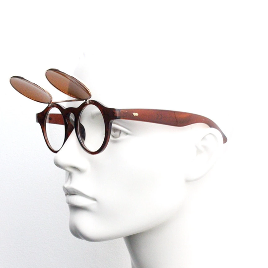 Vintage 90S Round Flipper Sunglasses. 30S Style Brown Frame With Clear Lenses & Flip Up Sunglasses Visor. Bnwt Unused