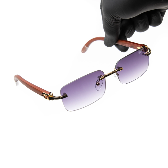 Mens Purple Tint Retro Vintage Rimless Woodgrain Hip Hop Sunglasses