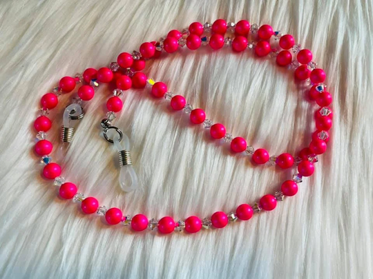 Eyeglass Chain in Swarovski Neon Pink Pearls & Clear Crystal