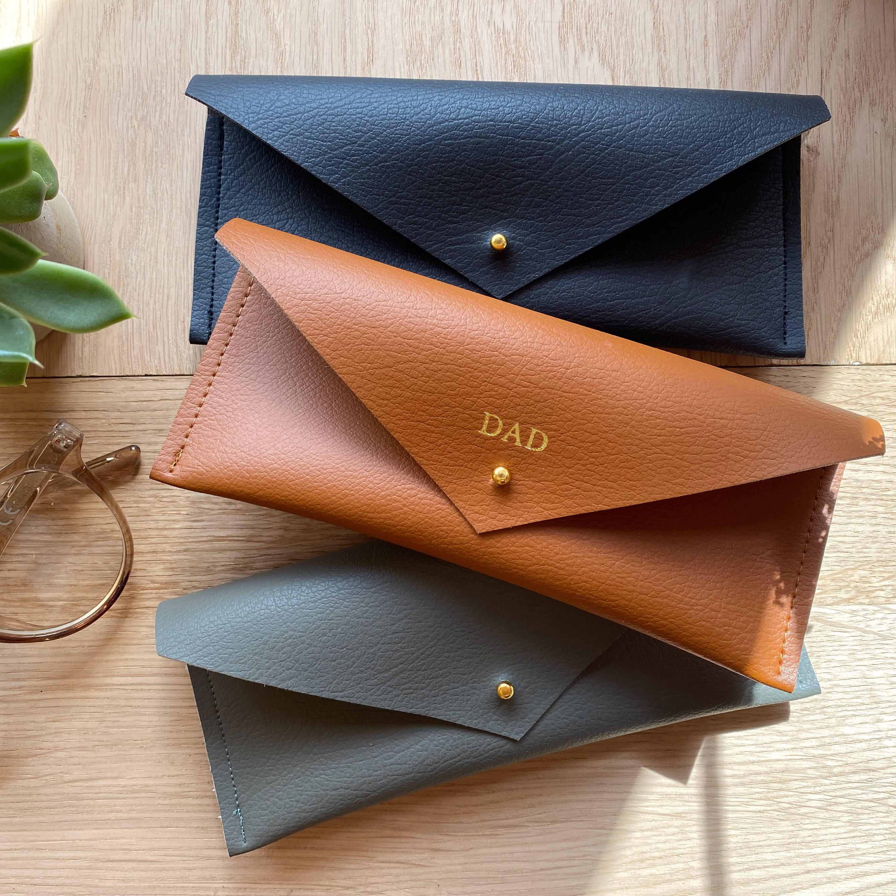 Personalised Recycled Leather Glasses Case in Black, Tan, Khaki