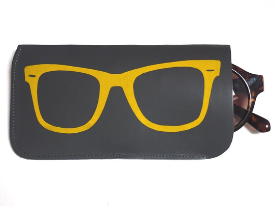 Handprinted Grey Leather Sunglasses Case